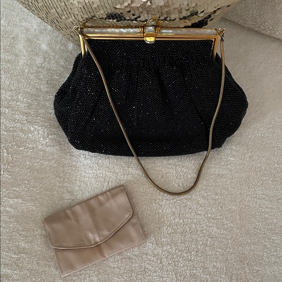 Vtg. Micro Beaded Elegant Black Evening Clutch Purse Mother of Pearl - Picture 7 of 11